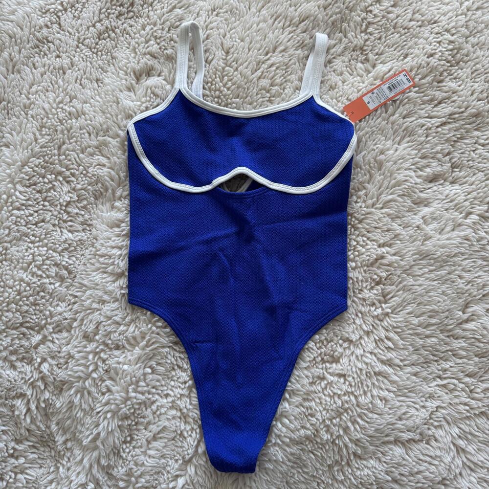 Colsie Blue Ribbed Cutout Bodysuit with White Trim Small NWT